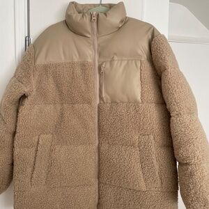 ASOS DESIGN Faux Leather Patched Fleece Puffer Jacket Size Women's 4